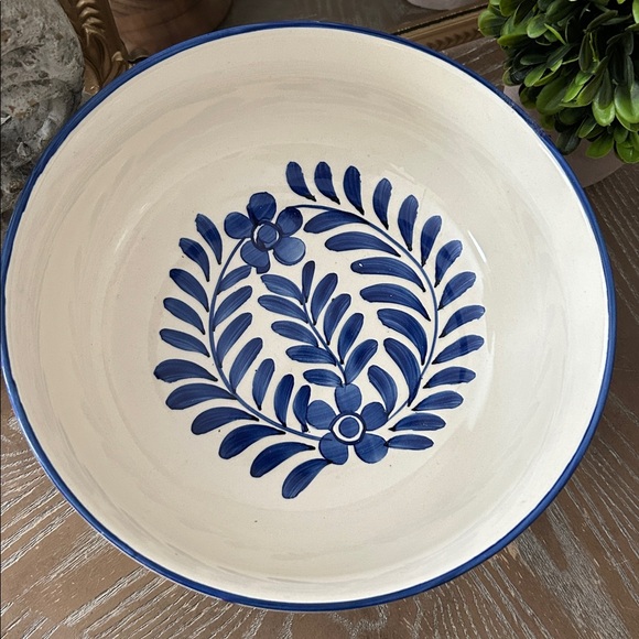 NEW! Shabby Chic Mediterranean Blue Vine Wood Pedestal Serving Bowl - Picture 4 of 7